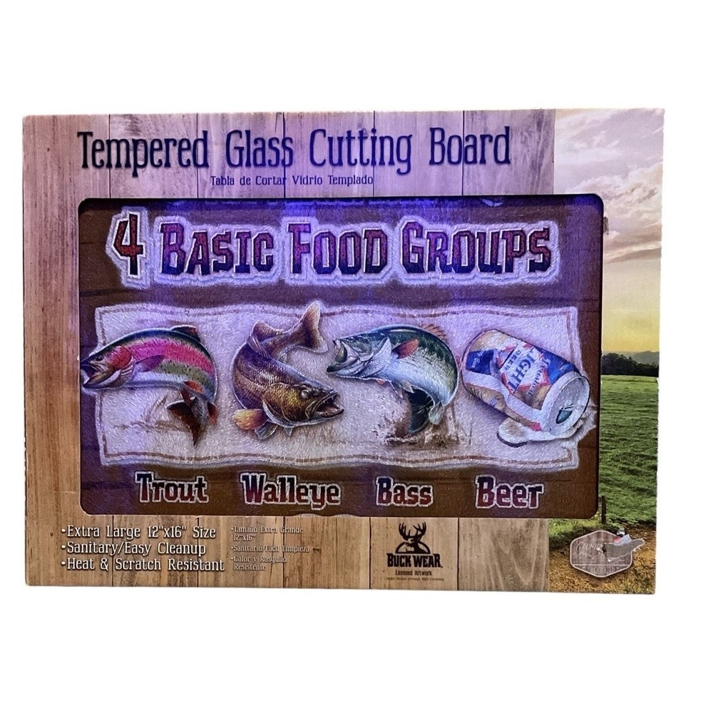 Tempered Glass Cutting Board 12" x 16" Four  Basic Food Groups Fishing Design
